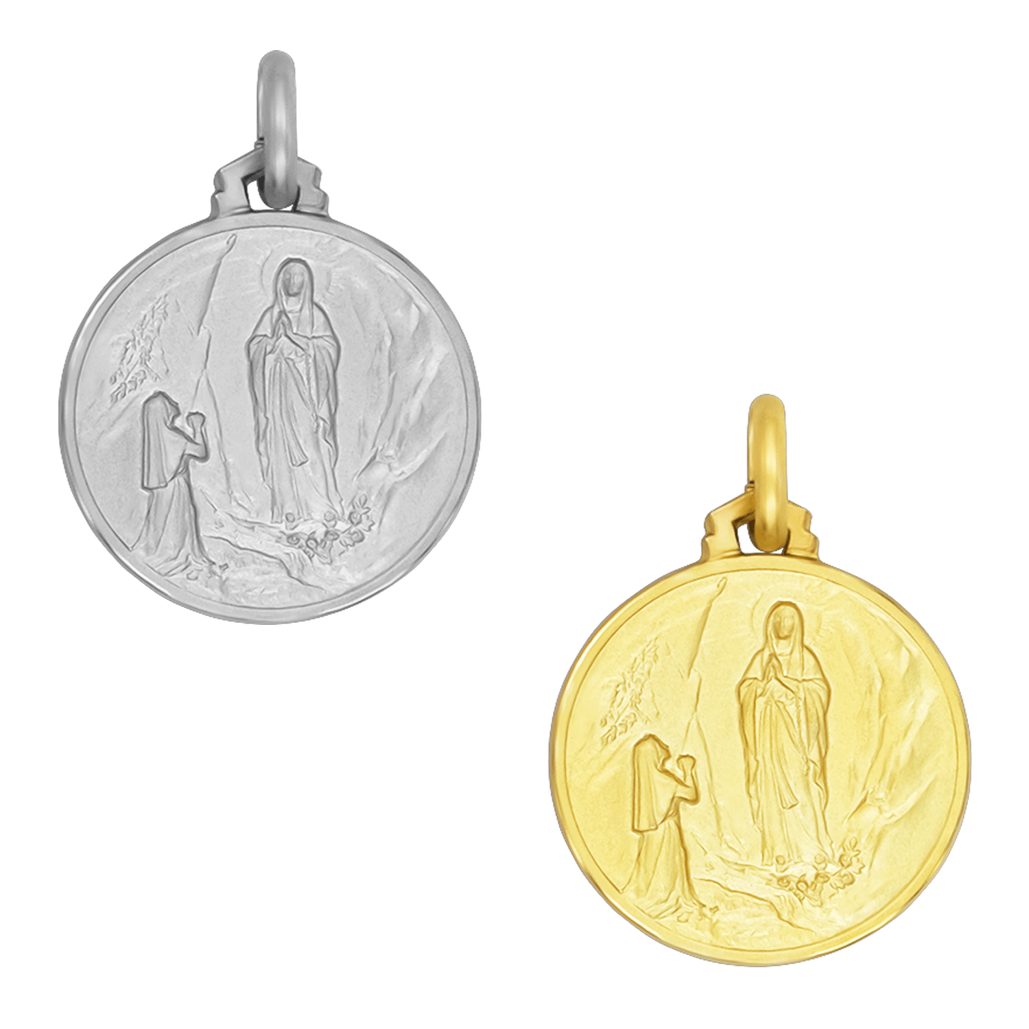 Medaglia rotonda Notre Dame de Lourdes in oro 9 carati Medaglia rotonda Notre Dame de Lourdes in oro 9 carati