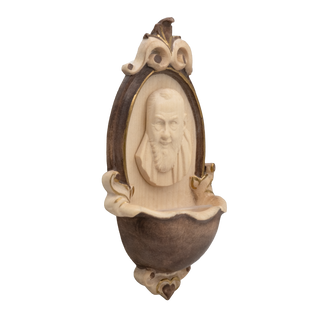 St Pio of Pietrelcina holy water font for home in natural carved wood