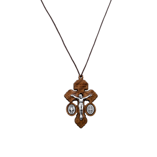 Pardon Crucifix necklace in warm wood and polished silver-tone metal 