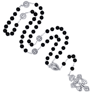 Pardon crucifix rosary with black glass beads and St Benedict medals