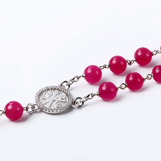 Pink agate beads rosary with sterling silver binding