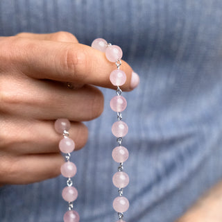Pink quartz beads rosary with sterling silver binding