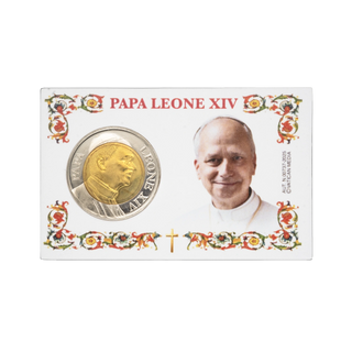 A commemorative coin presentation card featuring a silver and gold coin of Pope Leone XIV, alongside a printed portrait of the pope and decorative multicolor floral borders on a white background.