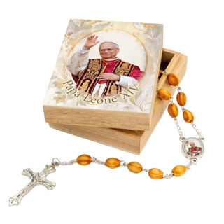 Rosary with wooden box featuring a portrait of Pope Leo XIV