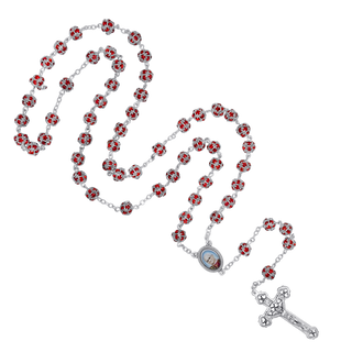 Pope Leo XIV rosary in silver-toned metalwork with strassball red beads