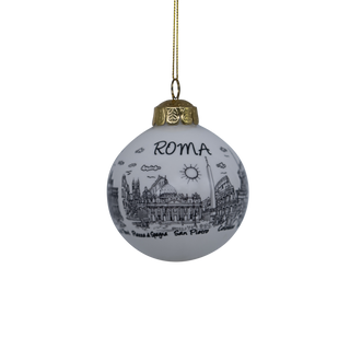 A spherical white Christmas ornament featuring a black line art illustration of Rome, with the word 'ROMA' at the top and a gold hanging cap with a gold string.