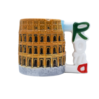 Ceramic coffee mug featuring a 3D sculpted design of the Colosseum in Rome and a handle shaped like the word Roma in green, white, and red.
