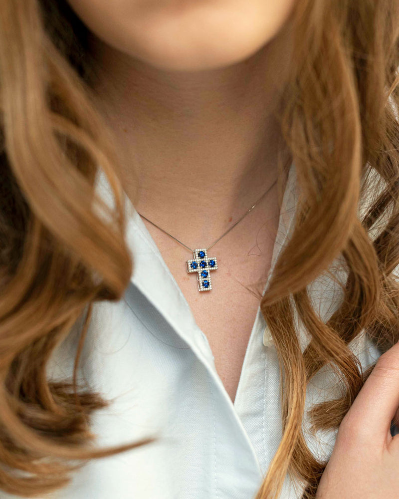 Sapphire and diamonds cross necklace