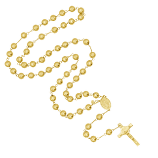 St Benedict Rosary in 18k Gold featuring 8 mm gold beads, Miraculous Medal, and St. Benedict Cross.