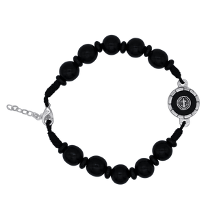 rosary bracelet featuring large black wooden beads and St Benedict medal