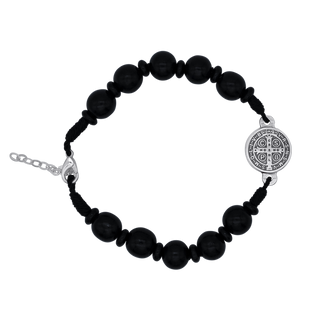 rosary bracelet featuring large black wooden beads and St Benedict medal