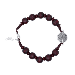 St Benedict Bracelet with dark red beads and silver clasp on a white background