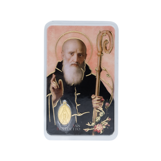 Laminated prayer card representing Saint Benedict of Nursia, with the iconic Miraculous Medal in metal on the front side.