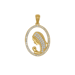 St Mary pendant in gold-plated sterling silver with zirconia, showcasing elegant openwork design.