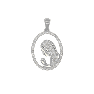 St Mary pendant in sterling silver with white zirconia, featuring an openwork design of St Mary and Baby Jesus.
