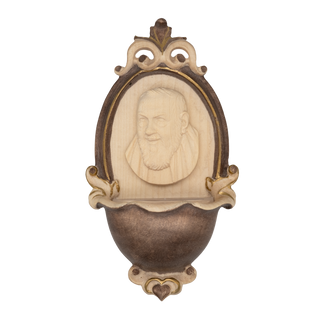 St Pio of Pietrelcina holy water font for home in natural carved wood