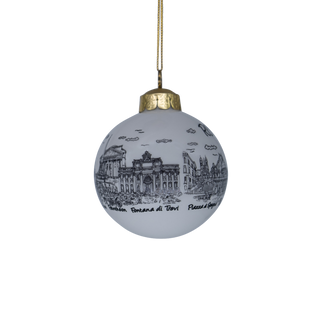 A round white glass Christmas ornament featuring a black ink-style illustration of Rome, Italy. The ornament hangs from a gold string with a gold cap at the top, shown against a plain white background.