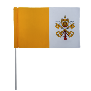 A small Vatican flag on a stick, featuring a yellow-orange hoist side and a white fly side with the papal coat of arms. The flag is photographed against a plain white background.
