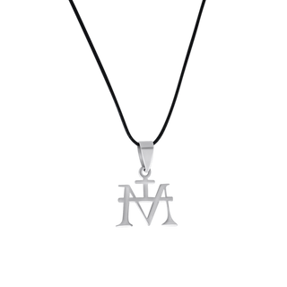 Virgin Mary Monogram Necklace in Steel with Rubber Cord