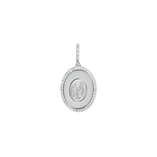 Miraculous Medal pendant in sterling silver with white center, encircled by radiant cubic zirconia
