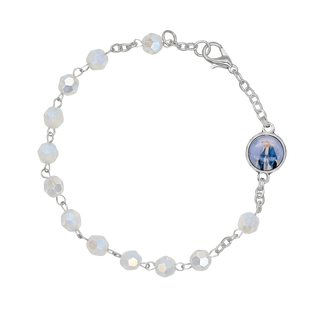 White crystal rosary bracelet metal back