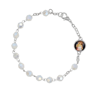 White crystal rosary bracelet metal front