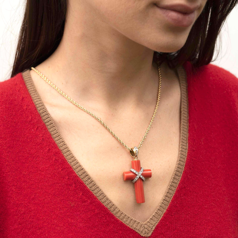 gold necklace with coral and diamonds cross