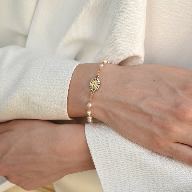 Miraculous Medal and Sideway Cross Gold Bracelet with pearls