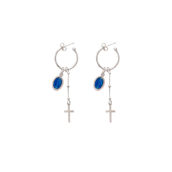 blue miraculous medal hoop earrings