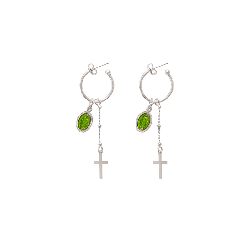 green miraculous medal hoop earrings