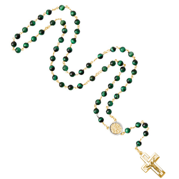 Green tiger eye rosary bead in golden silver