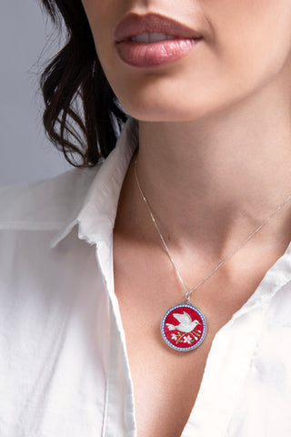 PEACE DOVE - RED MICROMOSAIC - SILVER NECKLACE