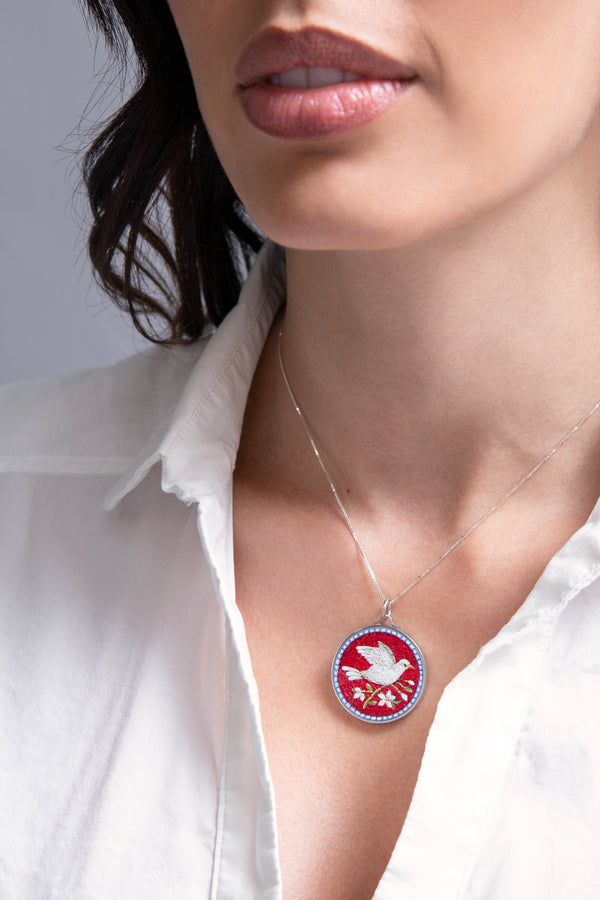 PEACE DOVE - RED MICROMOSAIC - SILVER NECKLACE