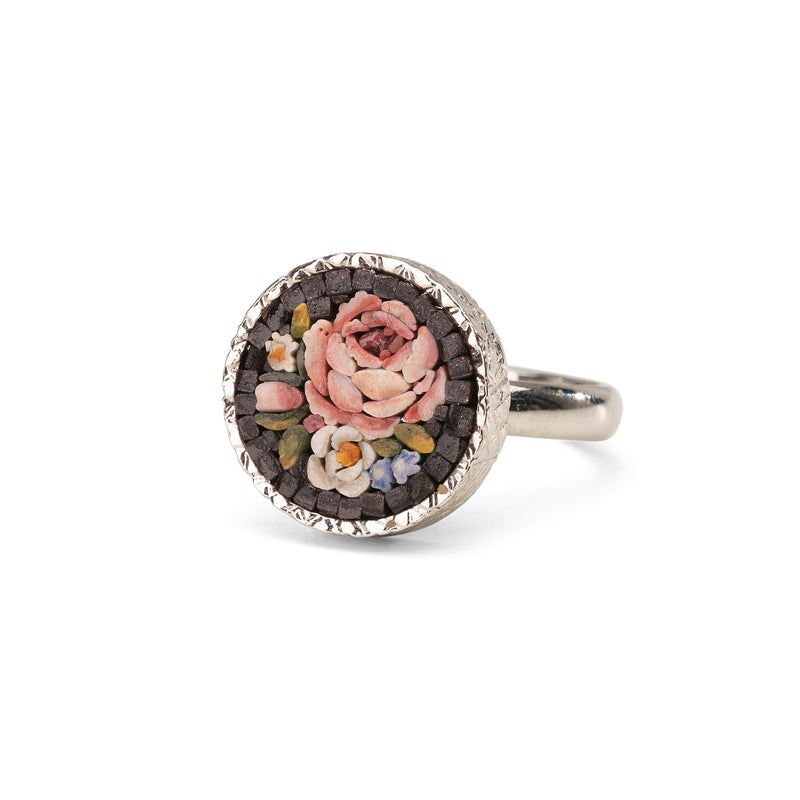Flemish Flowers Micromosaic ring in silver