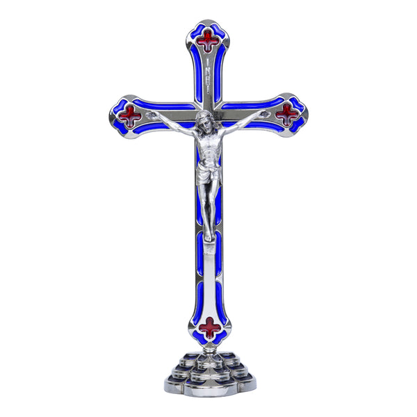Blue metal standing crucifix for home