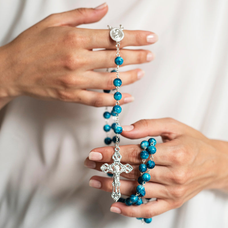 Blue marble rosary bead metal