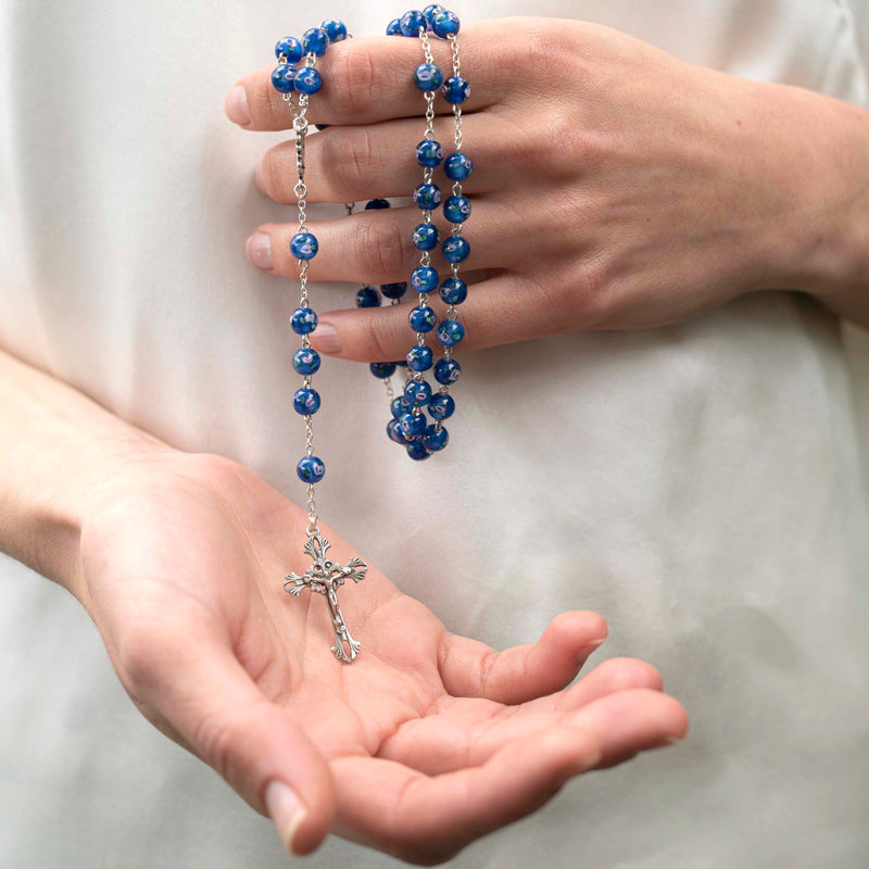 Blue Murano glass beads rosary with sterling silver binding