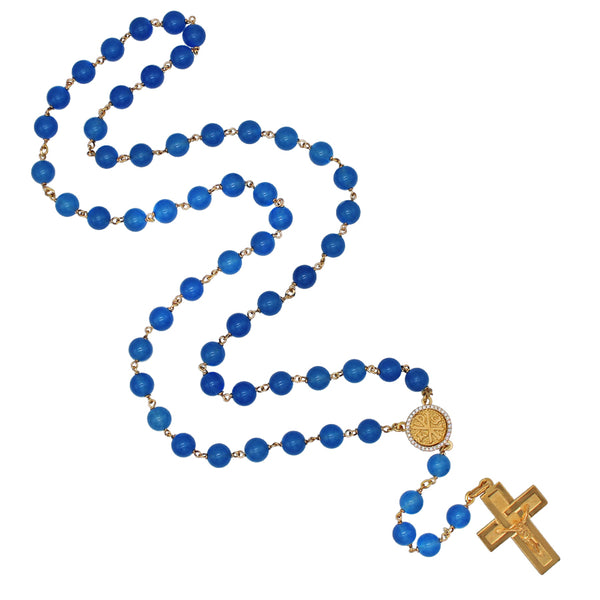 Blue agate beads rosary in vermeil silver