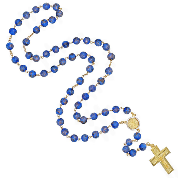 Blue glass beads rosary with Chi Rho medal