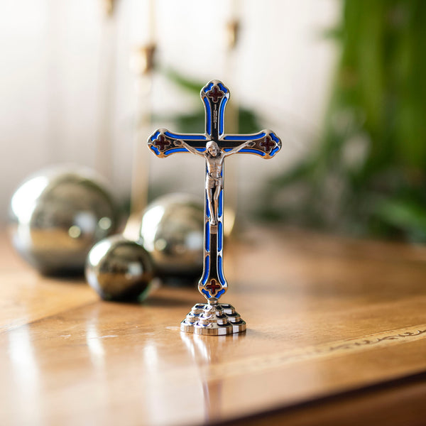 Blue metal standing crucifix