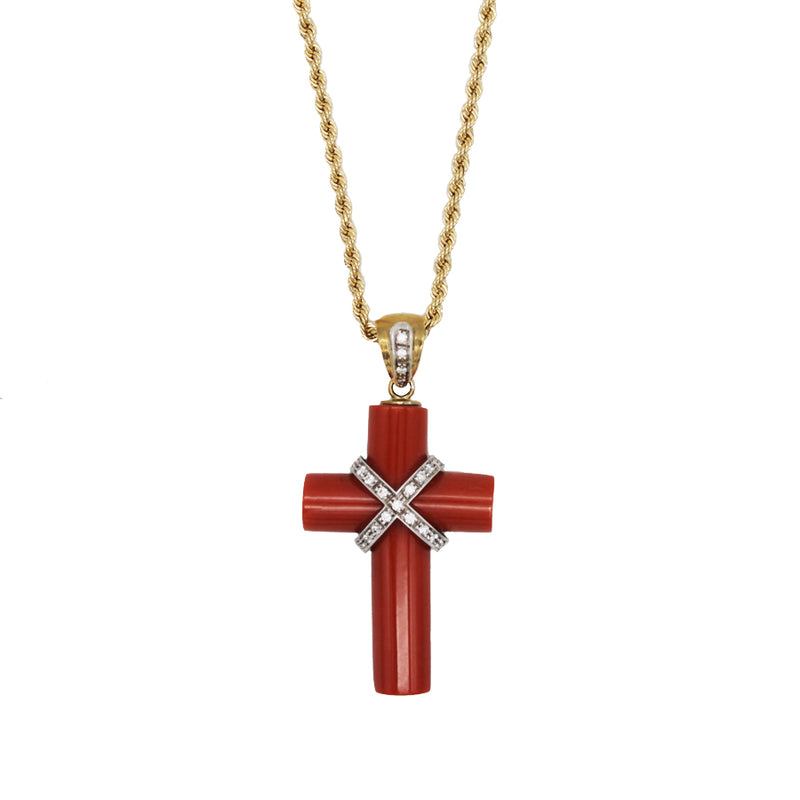 coral cross necklace in 18k gold