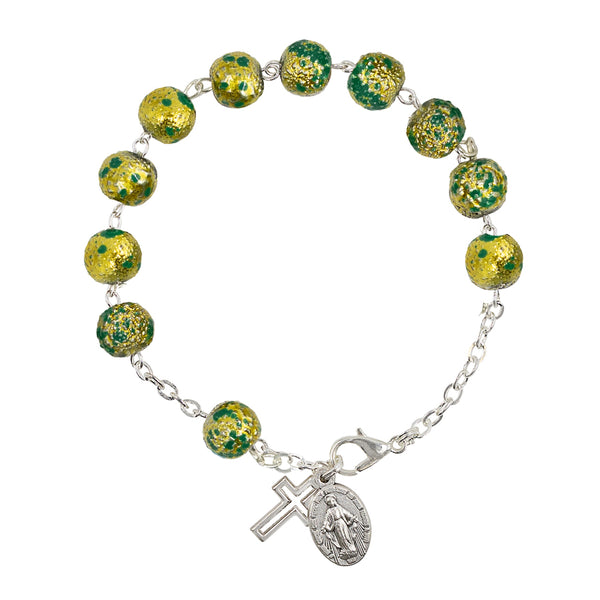 Rosary bracelet with green glass beads and metal binding