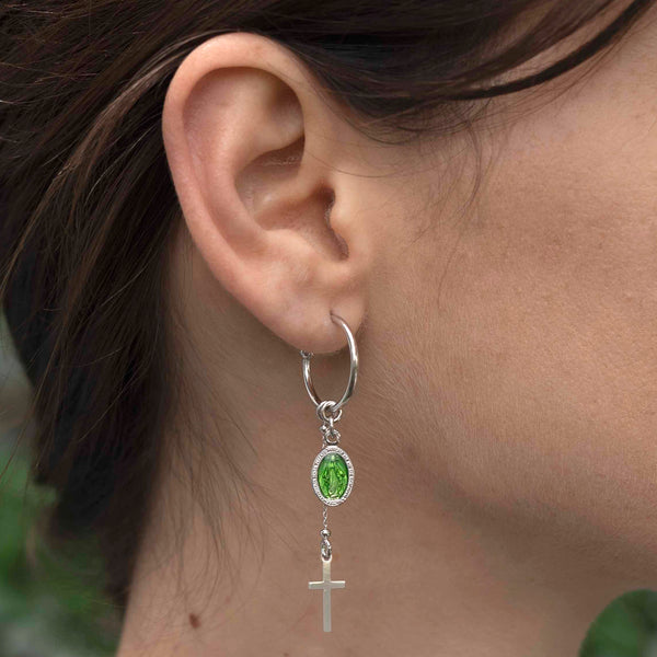 green miraculous medal hoop earrings