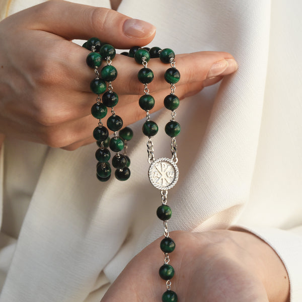 Green tiger eye rosary bead sterling silver binding