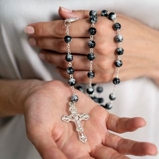 Grey marble rosary bead metal