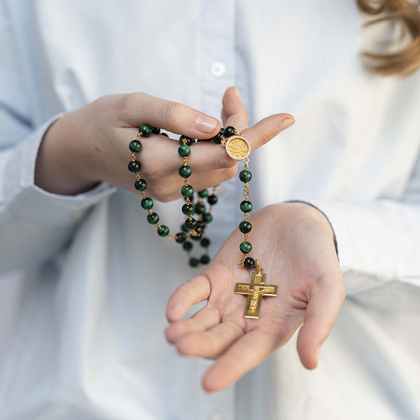 Green tiger eye rosary bead in golden silver