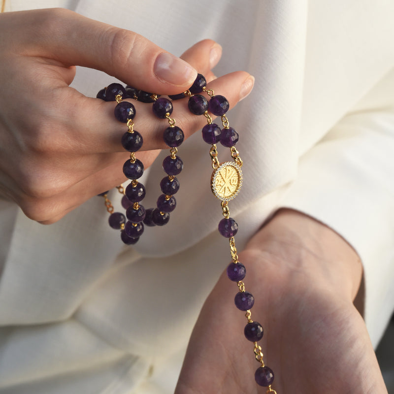 Amethyst beads rosary with vermeil silver binding