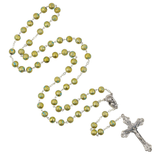 Metal rosary with blue glass beads