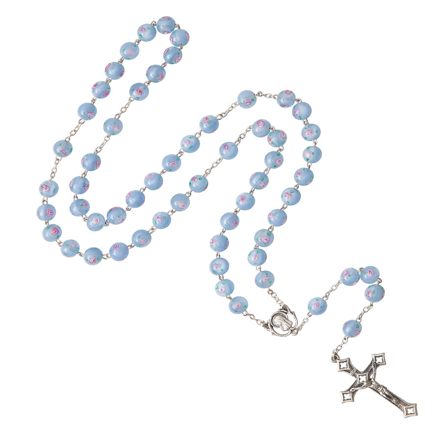 Sterling Chapel Rosary, Blue Bicone-Shape Glass Beads, 7mm,19.5