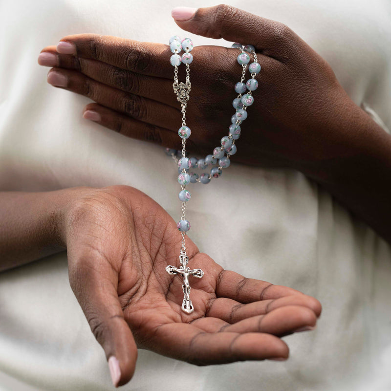 Light blue Murano glass rosary bead sterling silver binding
